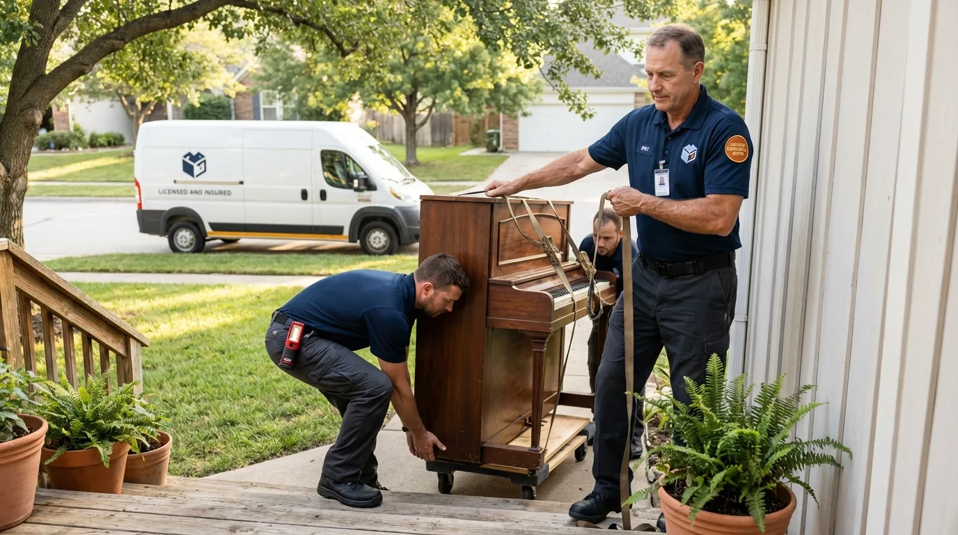 Licensed piano movers securing grand piano in Salisbury, NH