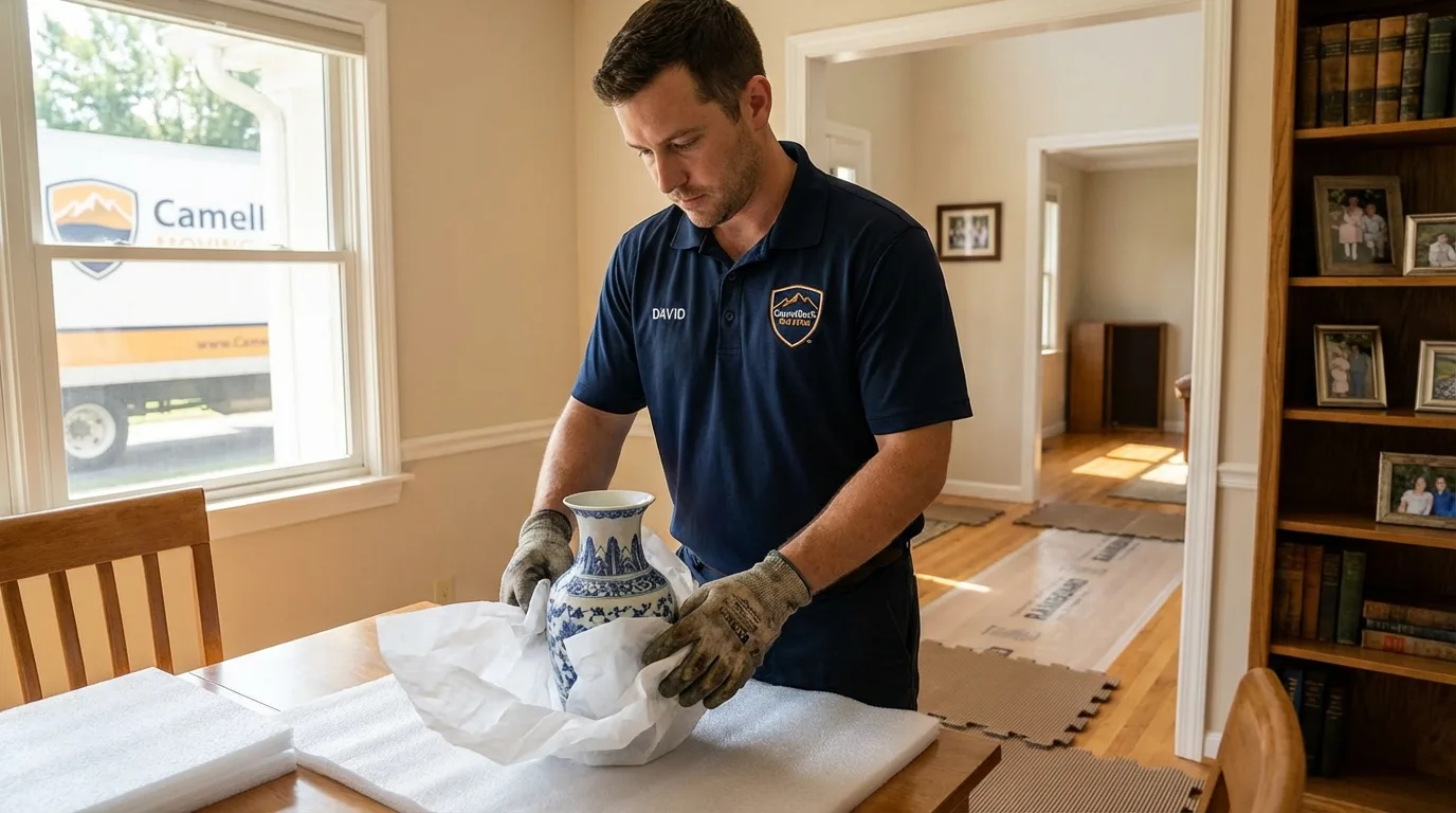 Professional crew carefully wrapping antique vase for senior downsizing move in Salisbury, NH